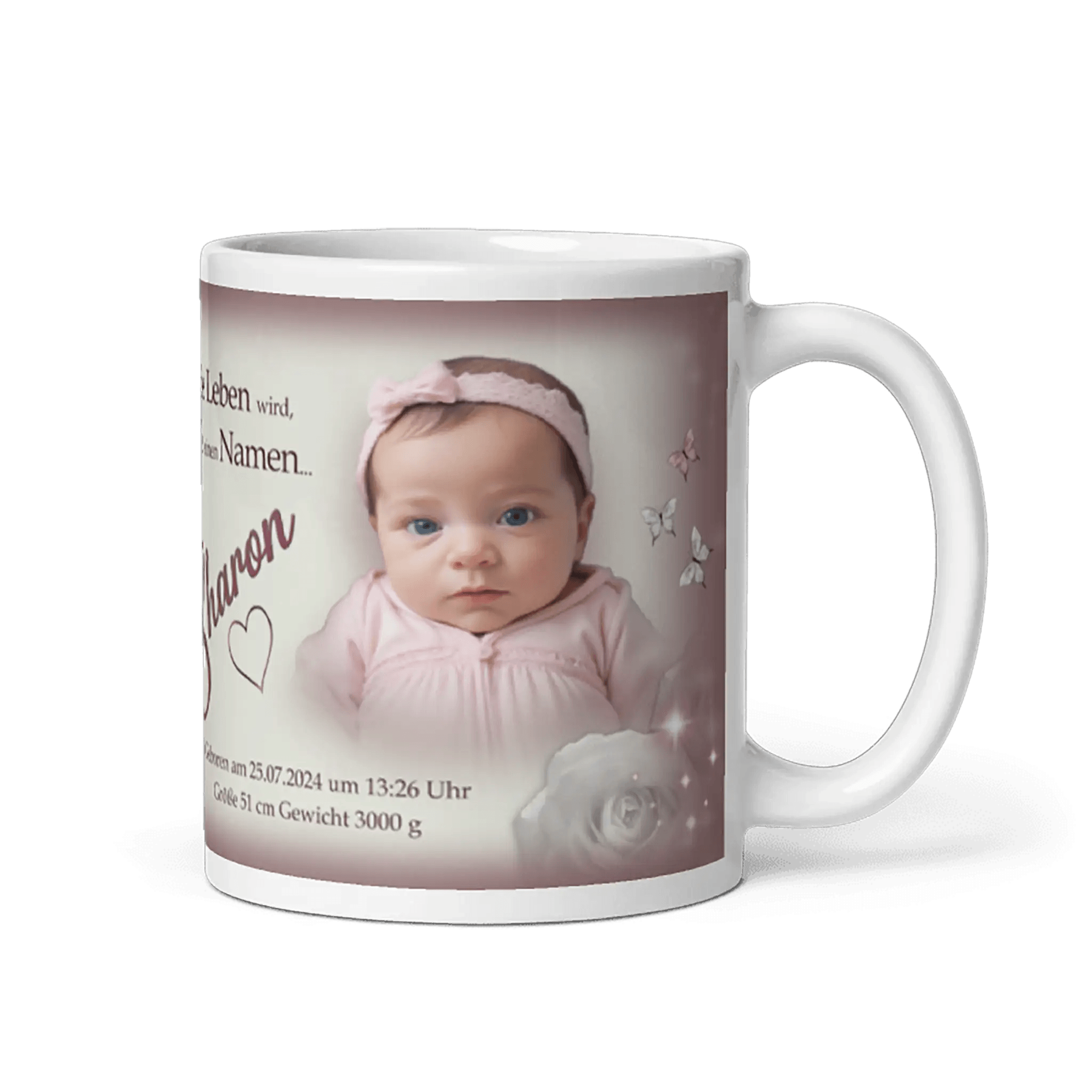 Traumhafte Keramiktasse mit Namen und Babyfoto – exklusives Taufgeschenk