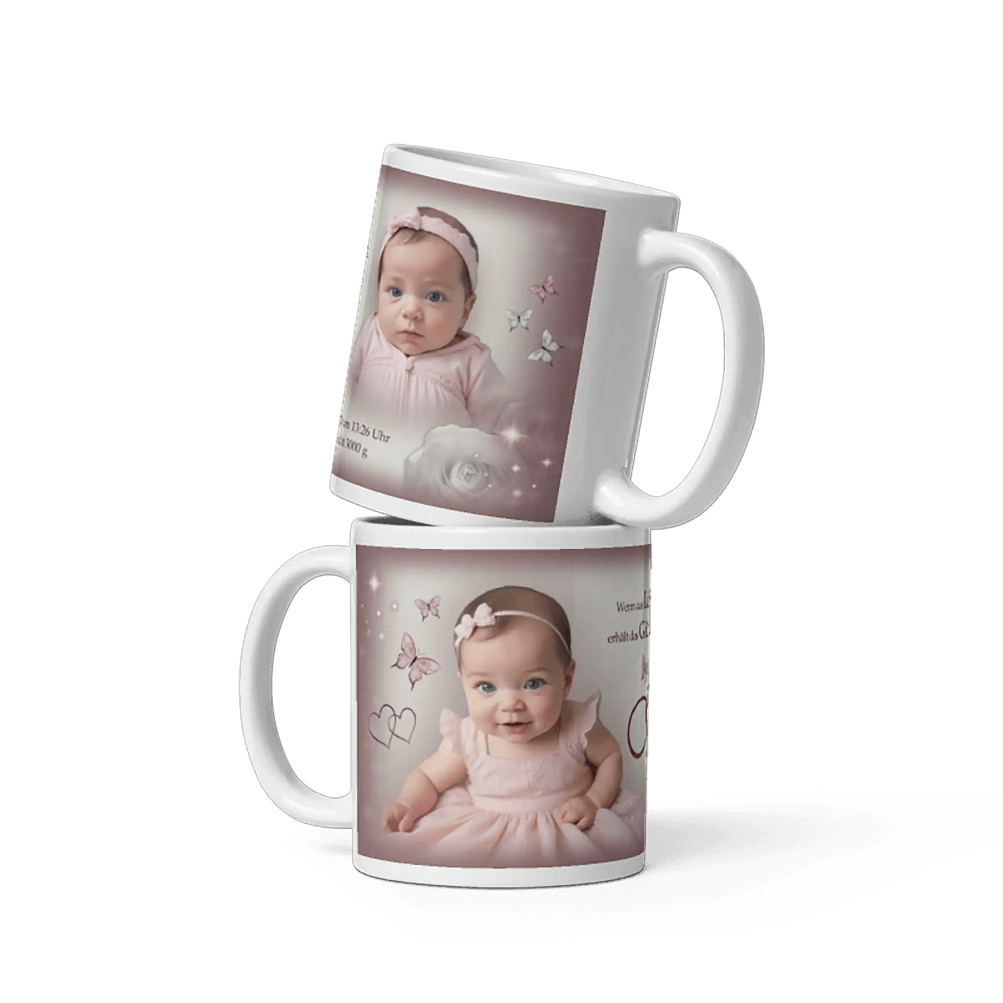 Spezielle weiße Fototasse mit Babyfoto – Geschenkidee zur Taufe und Geburt