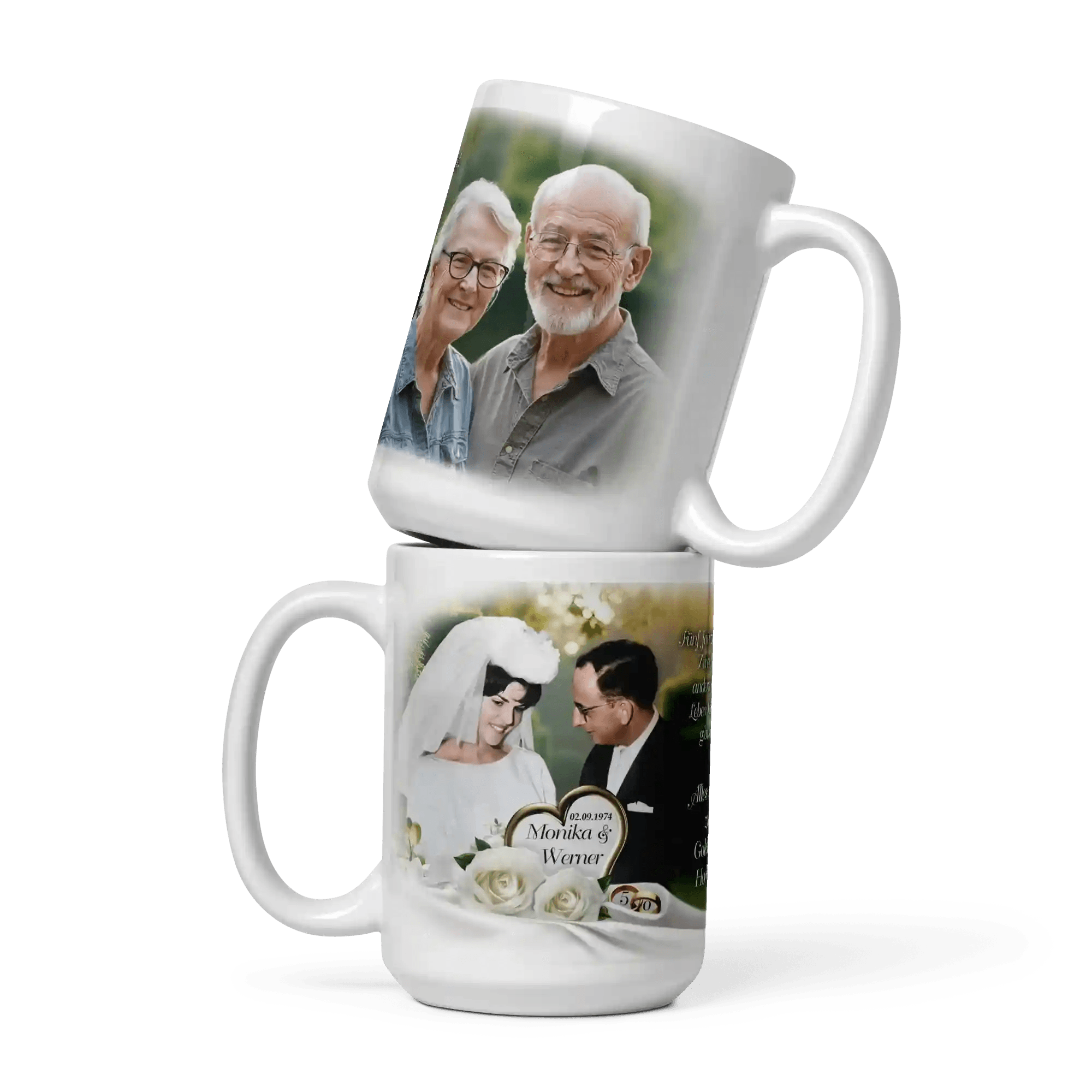 Keramiktasse für das Hochzeitsjubiläum mit personalisierter Botschaft und Accessoires