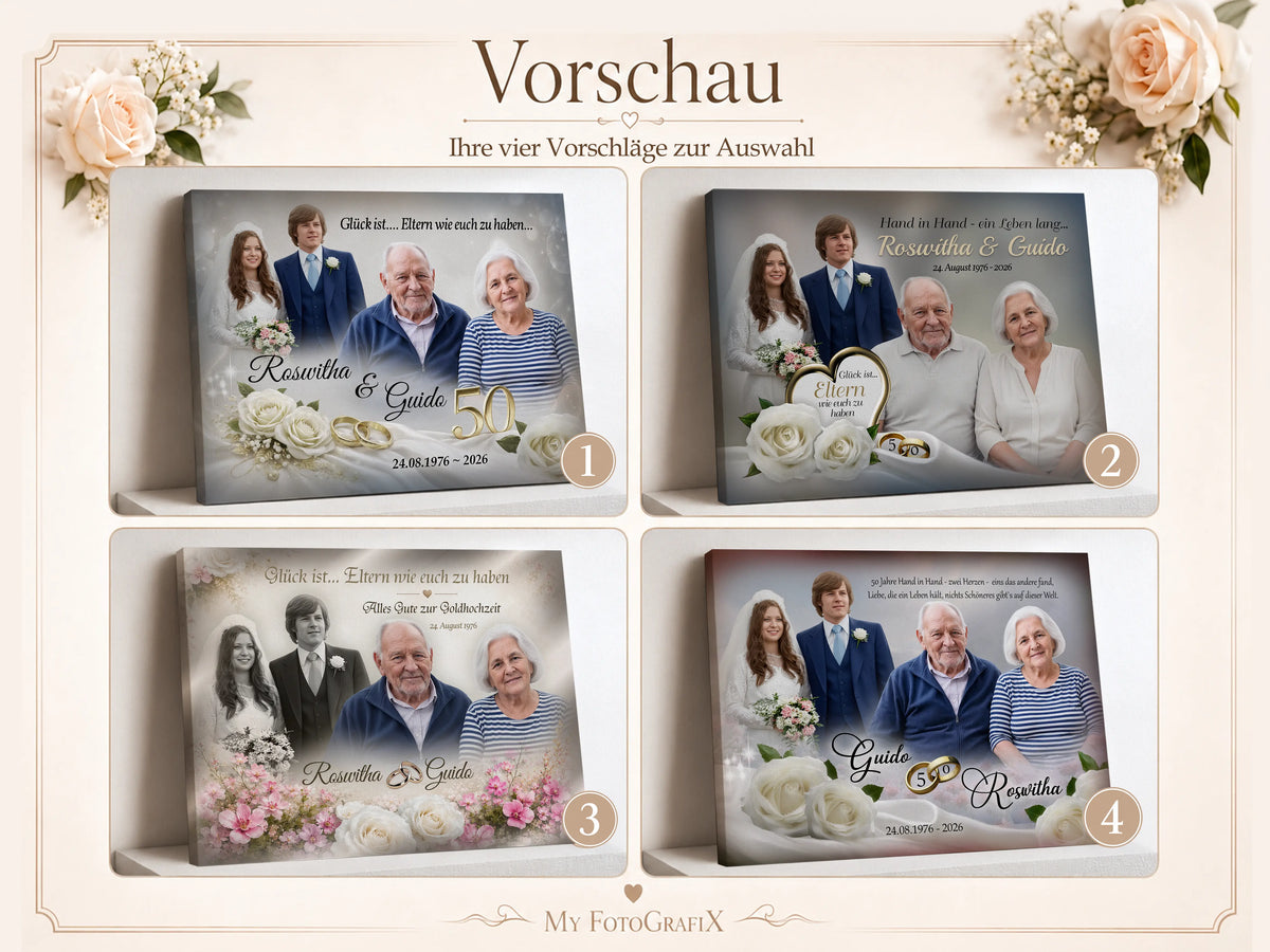Fotogeschenke zur Goldenen Hochzeit mit personalisierten Motiven und Rosen-Design