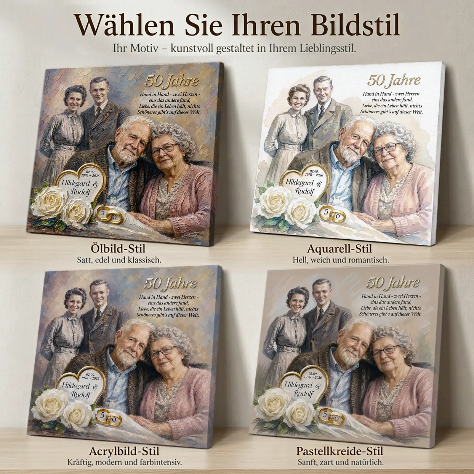 Vorschau personalisierter Leinwand im künstlerischen Bildstil mit vier Varianten: Ölbild-Stil, Aquarell-Stil, Acrylbild-Stil und Pastellkreide-Stil für ein Geschenk zur Goldenen Hochzeit.