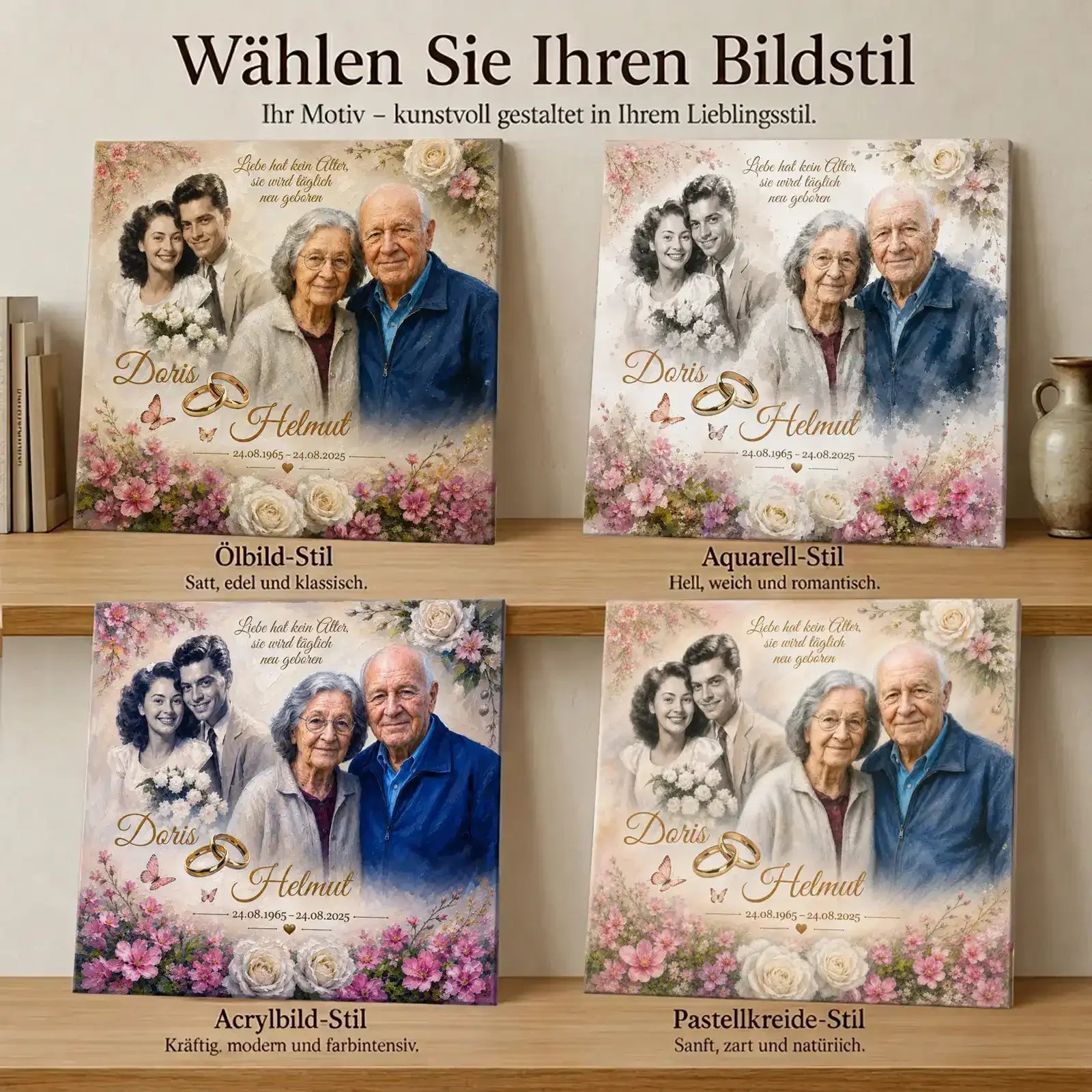 Vorschau von vier Darstellungen einer Leinwand zur Diamantenen Hochzeit. Öl, Aquarell, Acyl und Pastell. Als Geschenkidee zum 60. Hochzeitstag