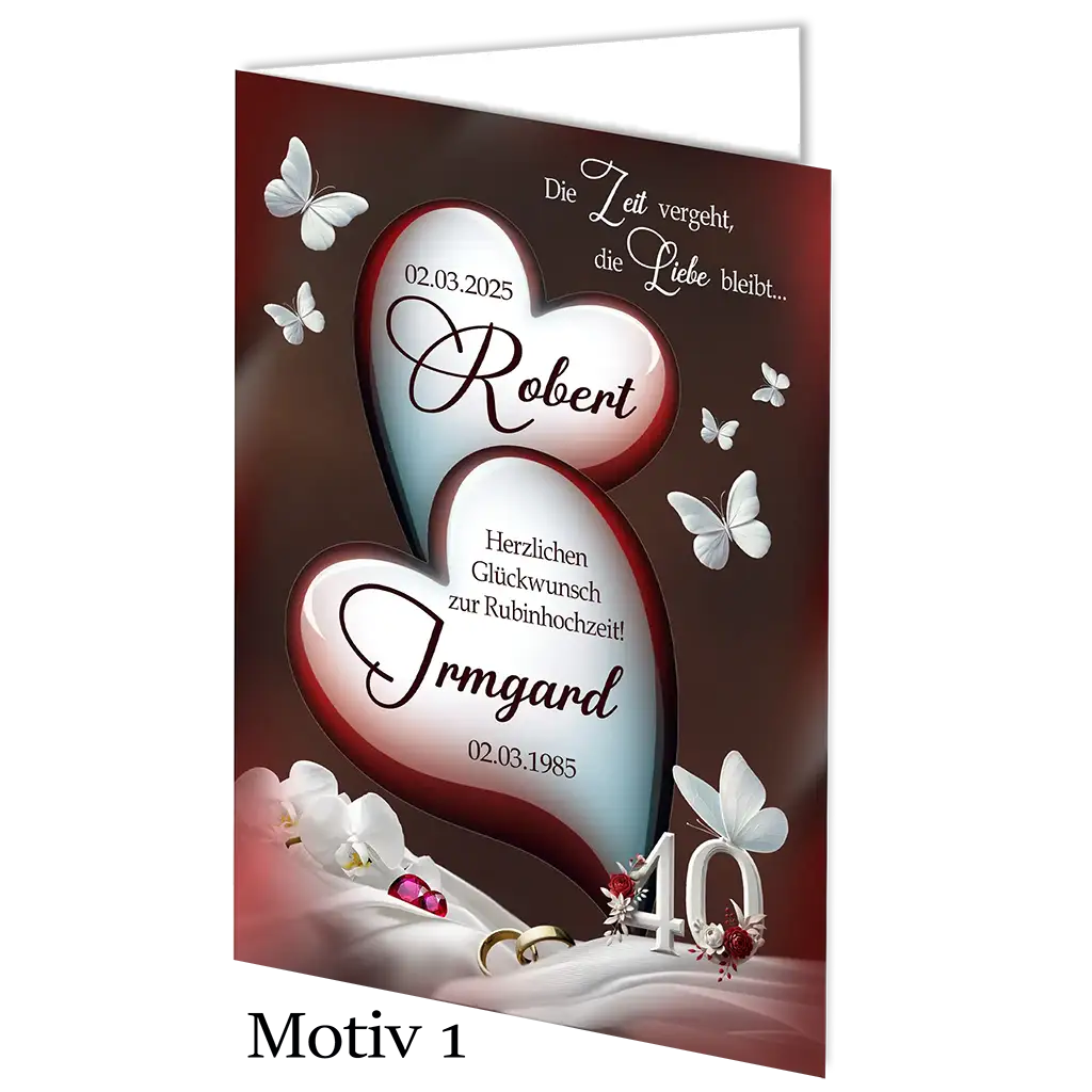 Glückwunschkarte Rubin Hochzeit mit zwei Herzen, Schmetterlingen, Ringen und Zahl 40
