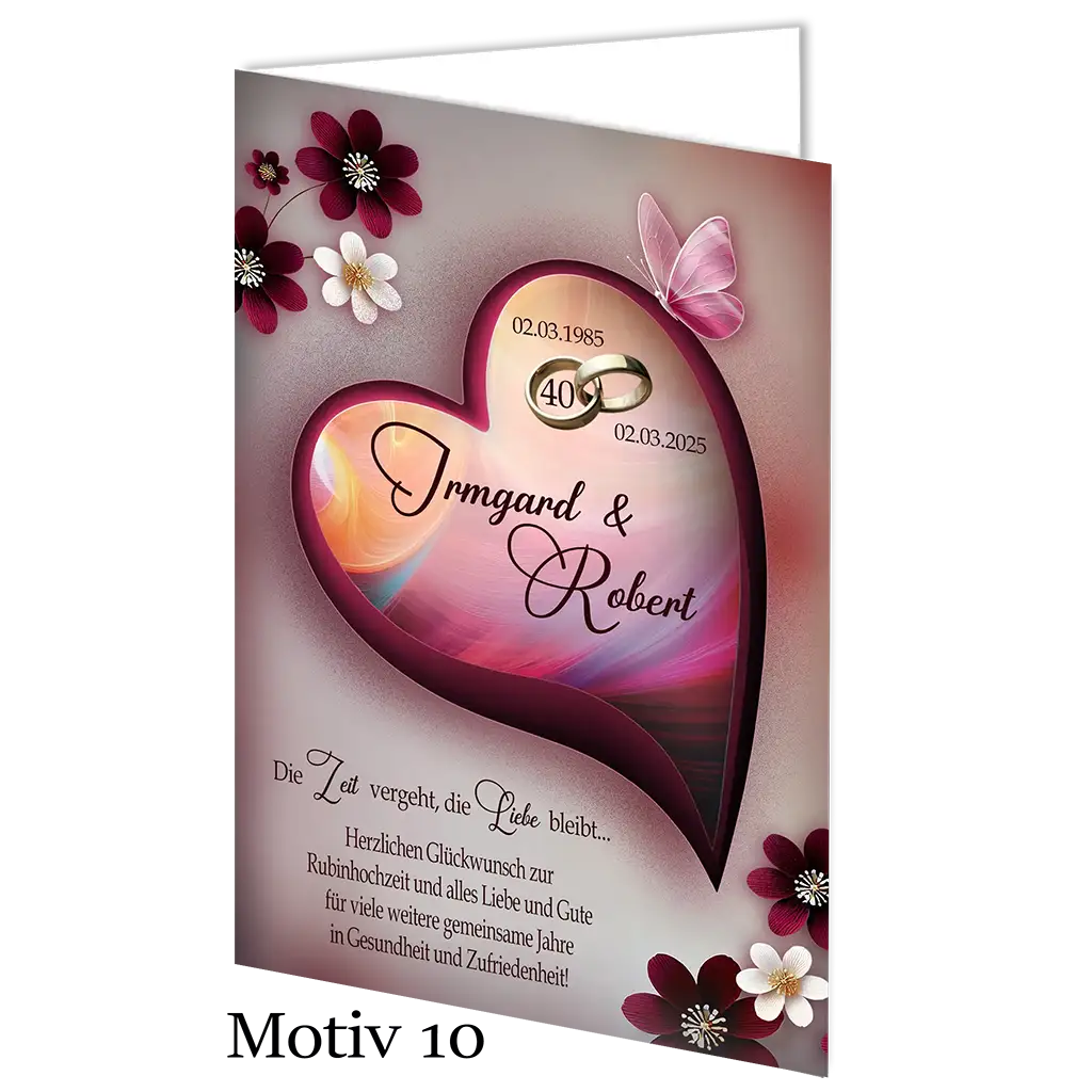 Rubinhochzeit Karte mit Herz, roten Blumen, Schmetterling und Ringen, Motiv 10