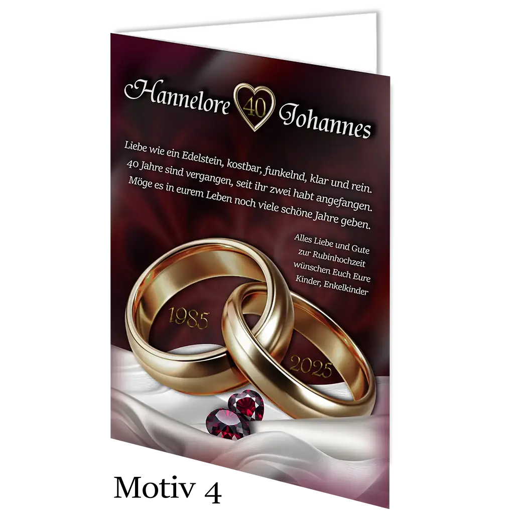 Rubinhochzeit Karte mit zwei goldenen Ringen, Herz, Rubinen und festlichem Text für 40 Jahre Ehe