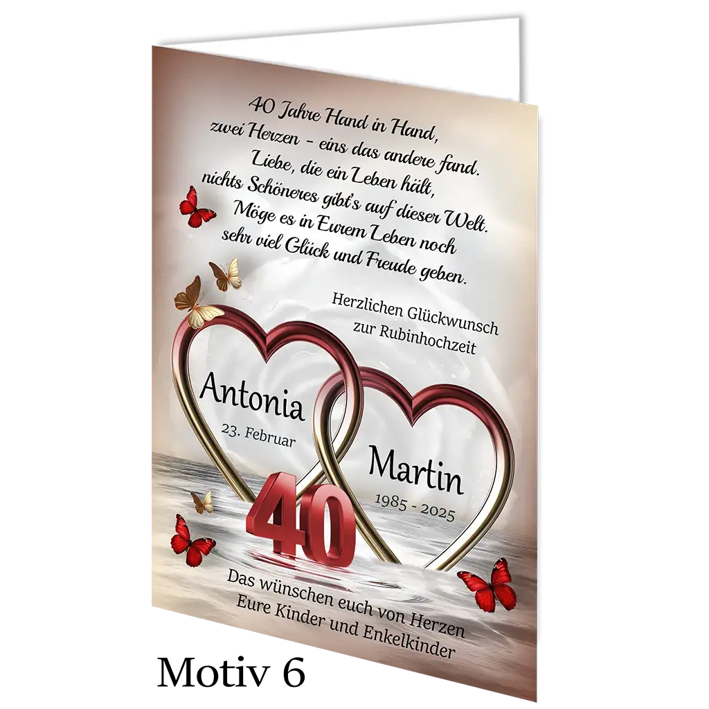 Rubinhochzeit Karte mit zwei roten Herzen, Schmetterlingen und Zahl 40, Motiv 6