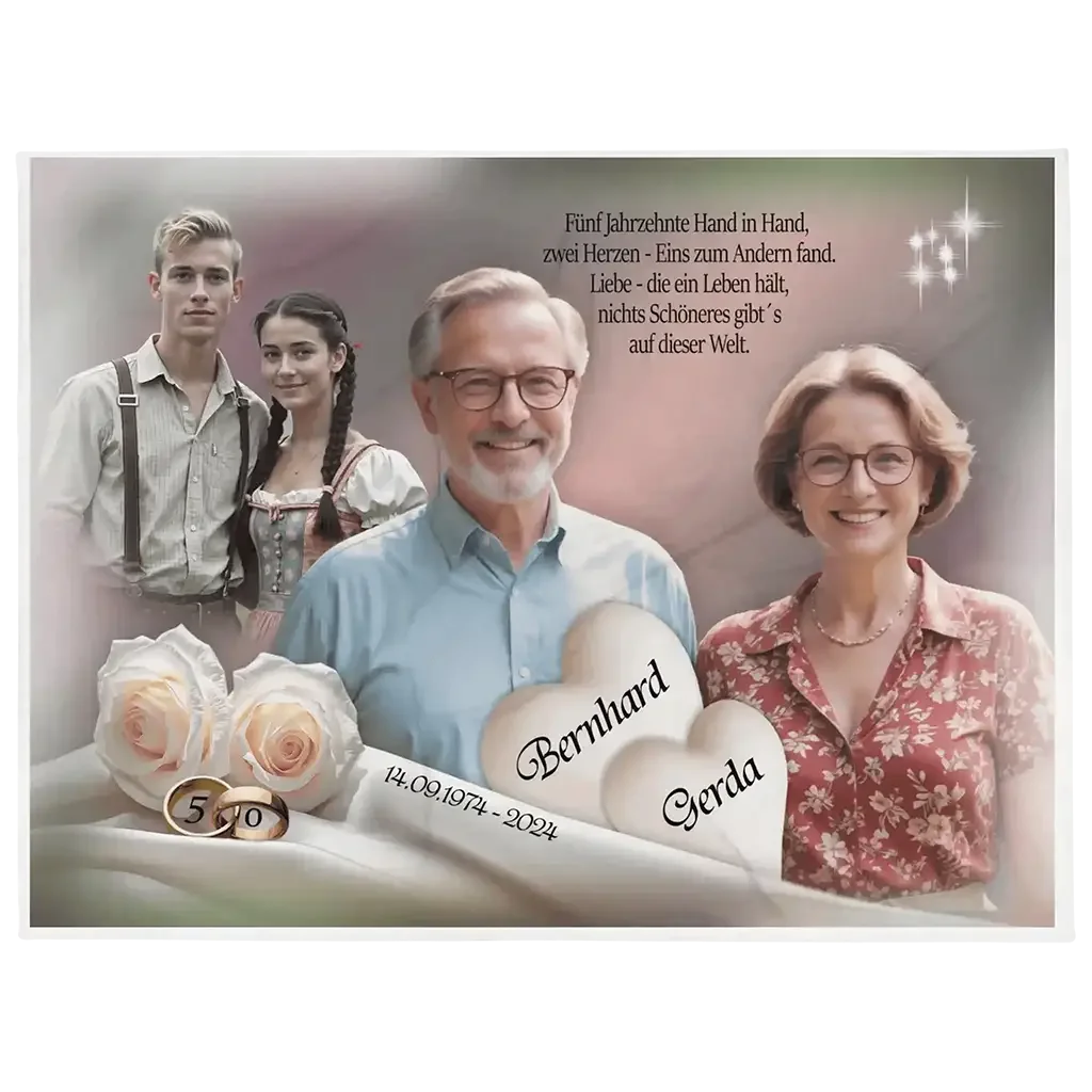 Personalisierte Wolldecke zur Goldhochzeit mit Foto von Paar, Familie, Rosen und Jubiläumsringen